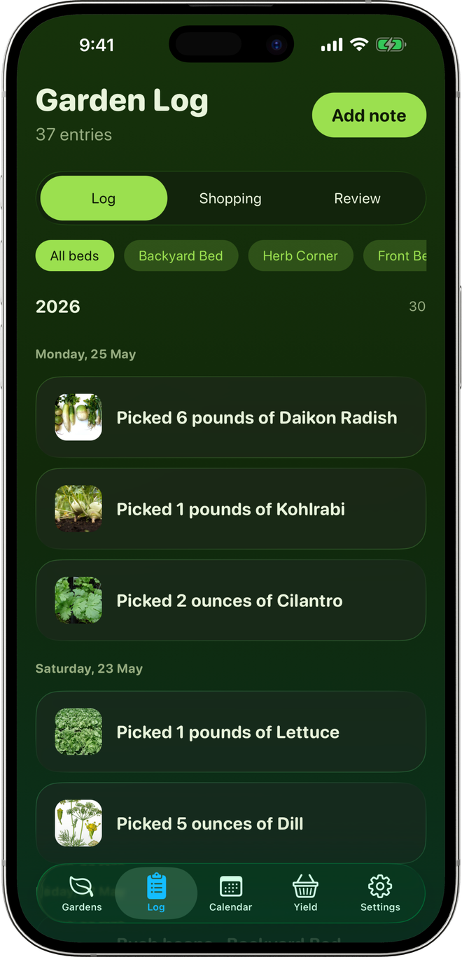 The Garden Log: dated harvests, one entry per picking, grouped by day