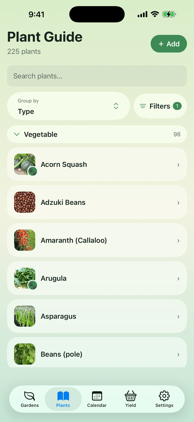 Plant guide, filtered and grouped by type